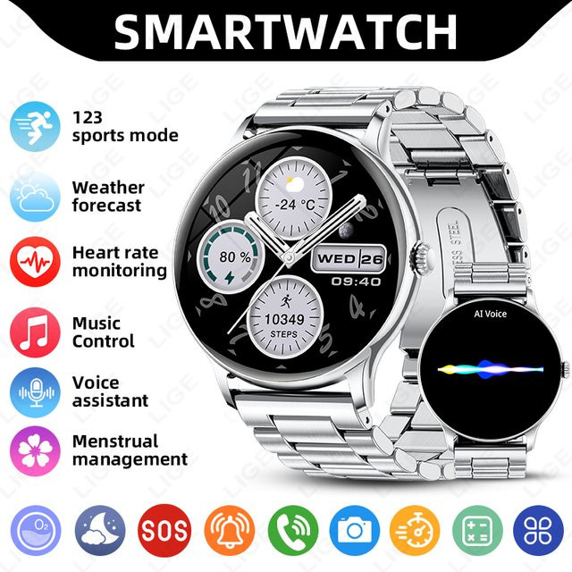 LIGE Smartwatch, Edelstahl, Schwarz, Unisex, Bluetooth, Wasserdicht - Bild 1