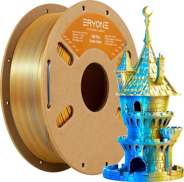 ERYONE Seiden-Doppelfarben-PLA-Filament für FDM-3D-Drucker, 1,75mm, Zweifarbiges Coextrusions-Filament mit seidigem Glanz, Schwarz-Lila, 1kg - Bild 1
