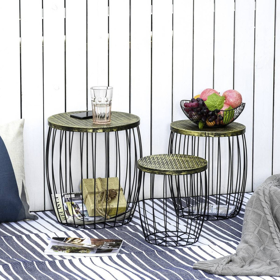 Outsunny 3er-Set Beistelltische im industriellen Stil aus Metall mit Rattanmuster in Schwarz, B/T/H: 38 x 38 x 41 cm - Bild 5