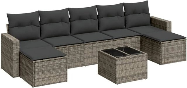 vidaXL 8-teilige Garten-Sofagarnitur aus Polyrattan in Grau mit Kissen und Couchtisch - Bild 1