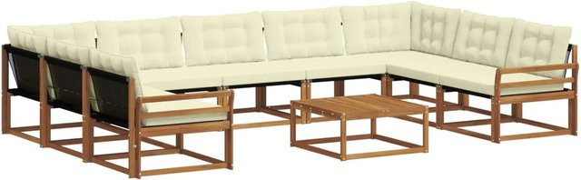 vidaXL Outdoor-Sofagarnitur in L-Form aus massivem Akazienholz mit Textilene und Kissen, 10-teiliges Set, Natur und Beige - Bild 1