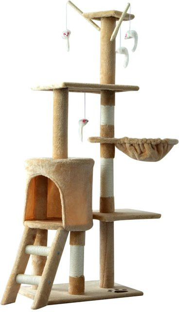 PawHut Katzenbaum mit Treppe und integriertem Spielzeug in Beige, H x B x T: 131 x 50 x 35 cm - Bild 1