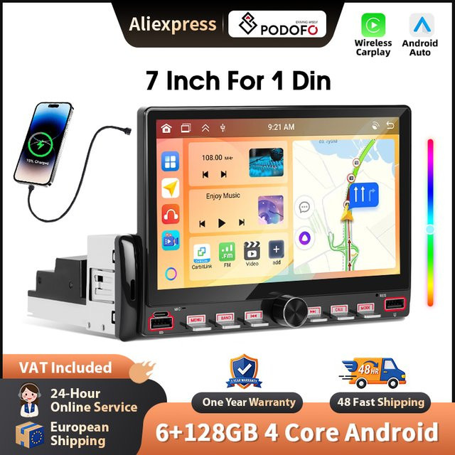 Podofo 7 Zoll Wireless Carplay Android Auto Autoradio mit 6 GB RAM und 128 GB Speicher, GPS-Navigation, Bluetooth und FM/RDS, 2-DIN Head Unit in Schwarz - Bild 1