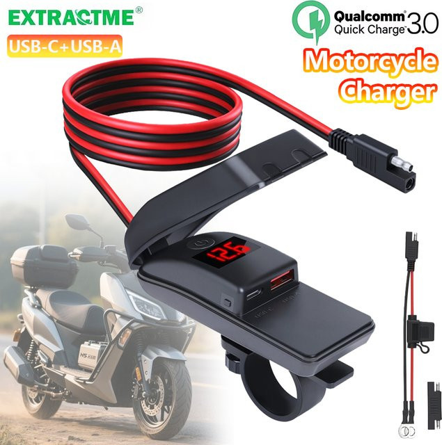 Extractme Motorrad-Ladegerät Typ C in Schwarz mit Dual-USB-QC3.0-Buchse, Schalter und wasserdichtem digitalem Voltmeter - Bild 1
