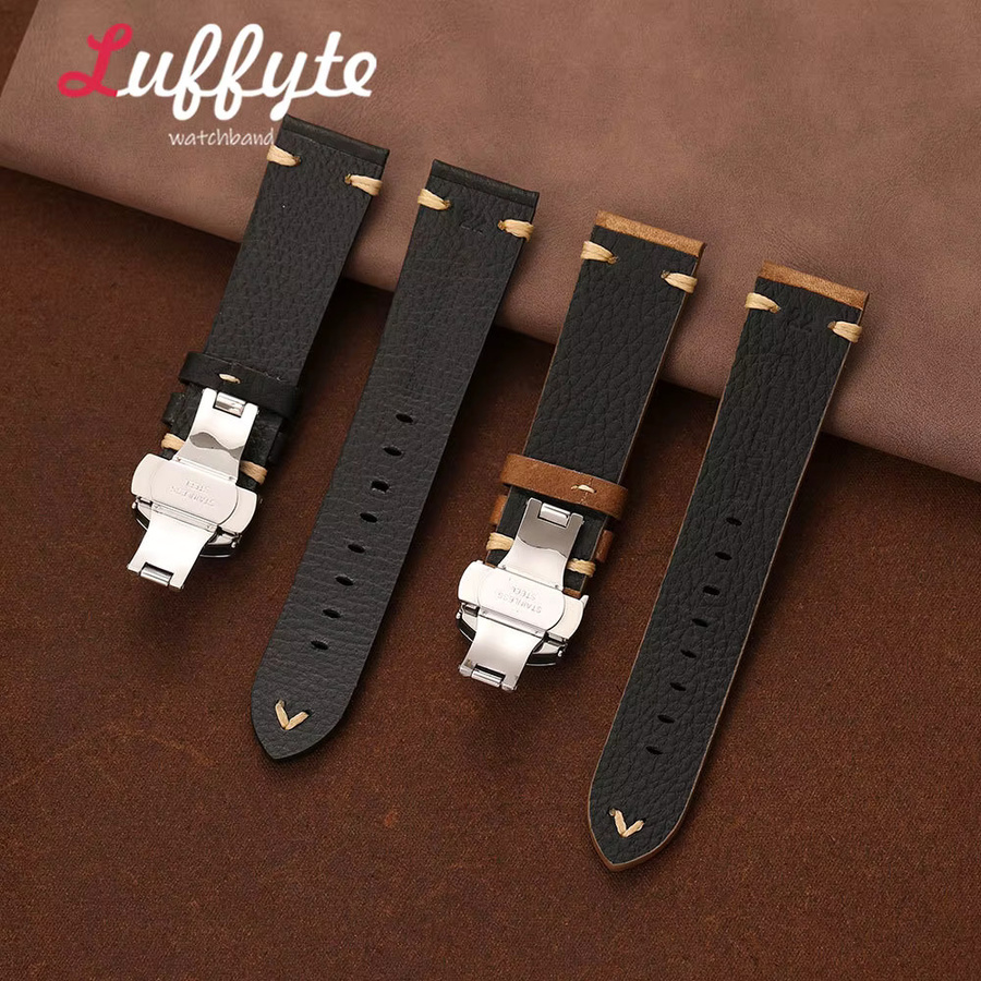luffyte Uhrenarmband Echtleder, Lychee-Textur, Schwarz, Herren, 18 20 22mm - Bild 2