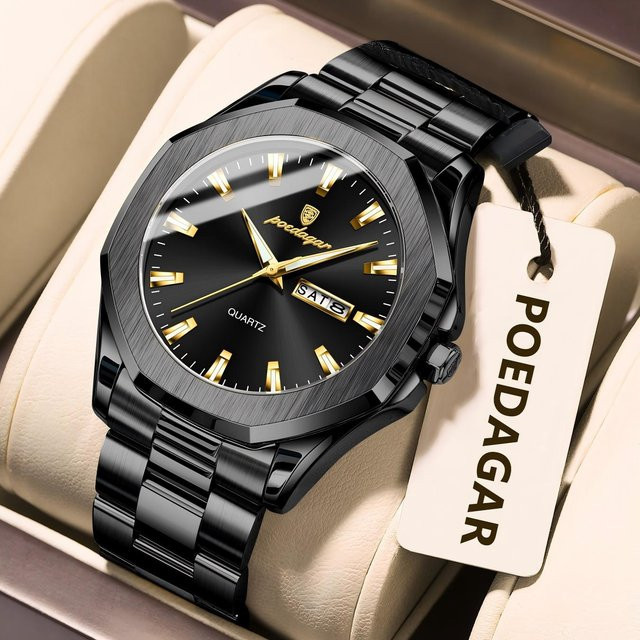 POEDAGAR Armbanduhr, Quarz, Edelstahl, Schwarz, Silber, Herren - Bild 1