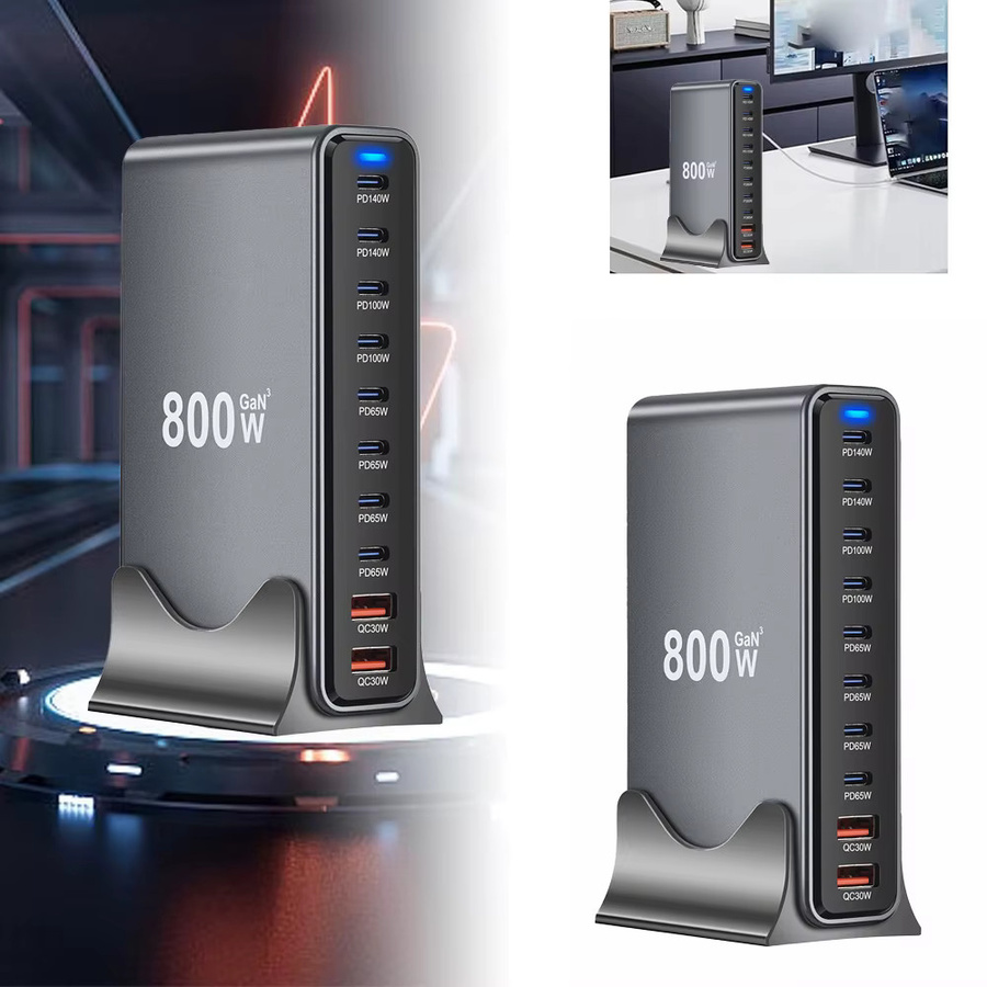 OIMG 800 W GaN Schnellladestation mit 10 Ports und Dual 140 W PD3.1 USB C Tischladegerät in Schwarz und Grau - Bild 3