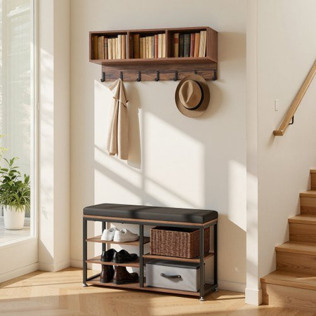VEVOR Garderobenständer mit Sitzbank und Schuhregal in Braun, Hall Tree Set mit Haken und Ablage aus Stahl für Eingangsbereich, Schlafzimmer oder Büro