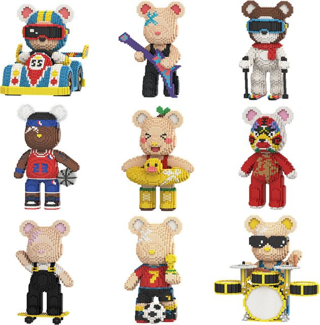 Sportsterne Bär Mini Baustein Kunst Gitarre Fußball Basketball Skifahren Bär Ornament DIY Montage Ziegel, ab 14 Jahren - Bild 1