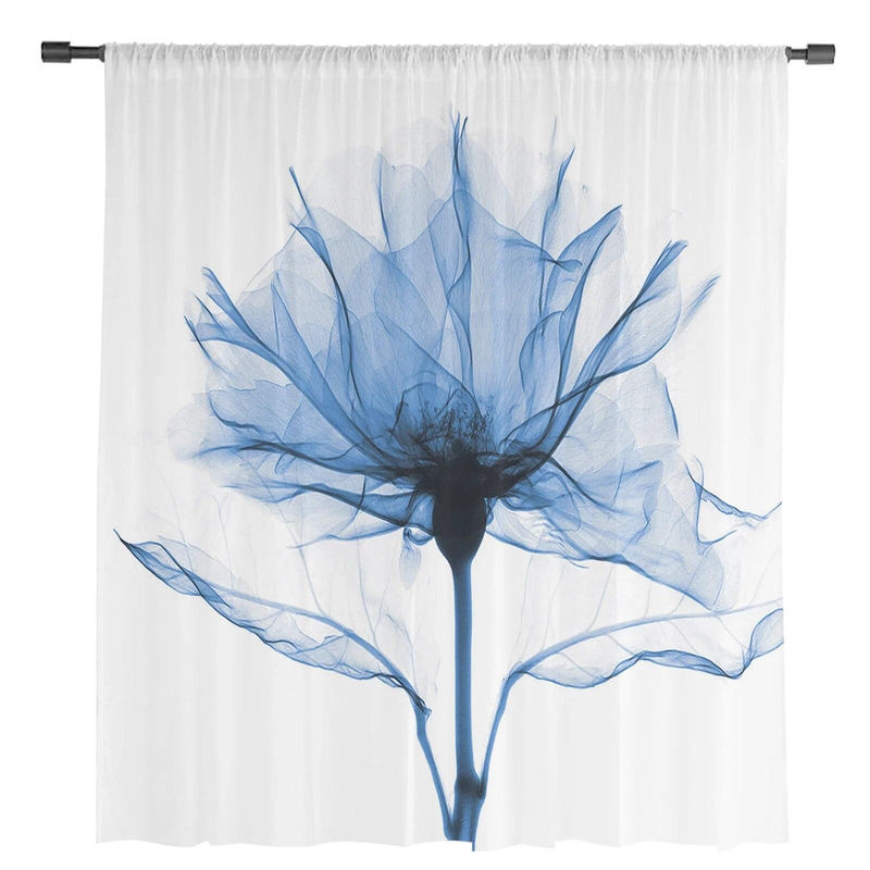 Transparente Tüll-Vorhänge mit blau-weißem Blumenmuster für Wohnzimmer und Schlafzimmer, Modernes Design, Breite: 135 cm, Höhe: 114 cm - Bild 3