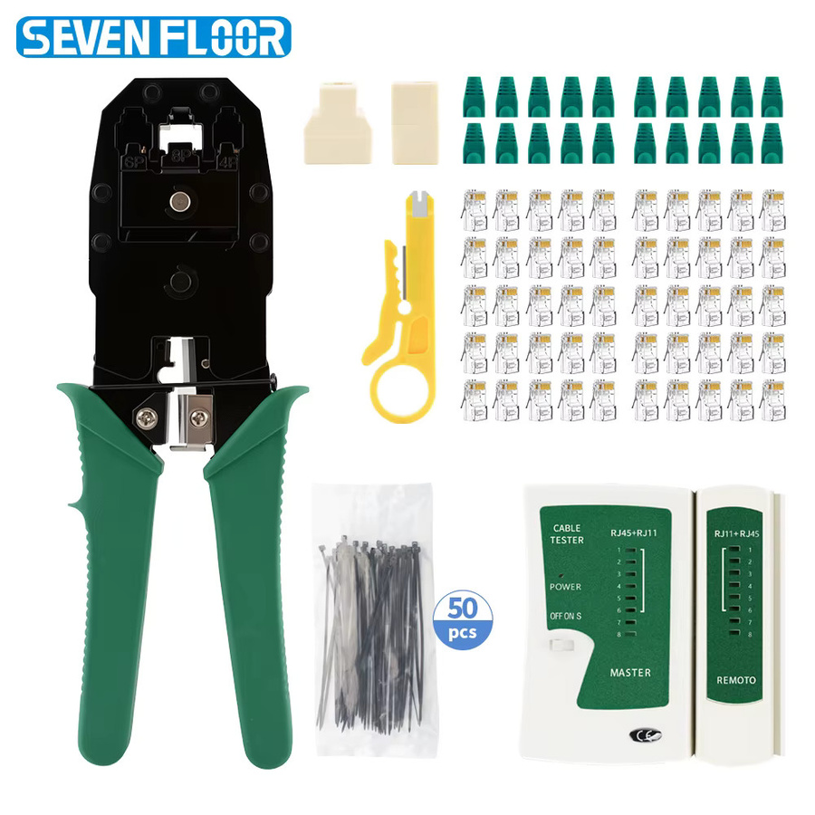 RJ45 Crimpwerkzeug-Set für Ethernet LAN Kabel mit 50 Stück Cat5 Steckern, Abisolierzange, Splitter, Kupplung, Kabelbindern und Schutzkappen in Grün von Seven Floor - Bild 2