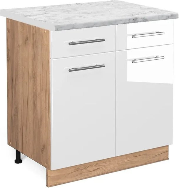 Vicco Küchenunterschrank Fame-Line Weiß Hochglanz und Goldkraft Eiche mit Marmor-Optik, Breite: 80 cm - Bild 1