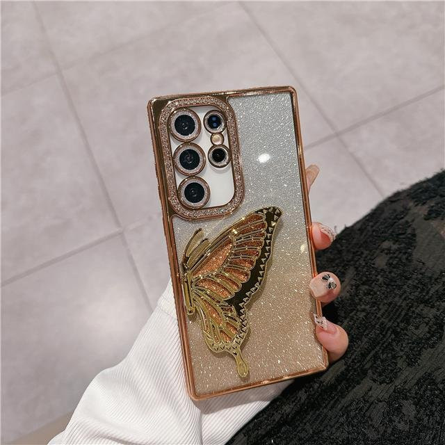 Luxus Handyhülle mit Diamantrahmen und Schmetterlings-Ständer für Samsung Galaxy S25 Ultra S24 S23 S22 Plus FE in Gold - Bild 1
