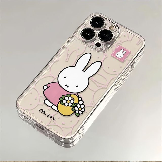 Miffy Handyhülle mit Kunstlinien-Blumen Design für iPhone, transparent und beige, TPU-Schutzhülle für verschiedene iPhone Modelle - Bild 1