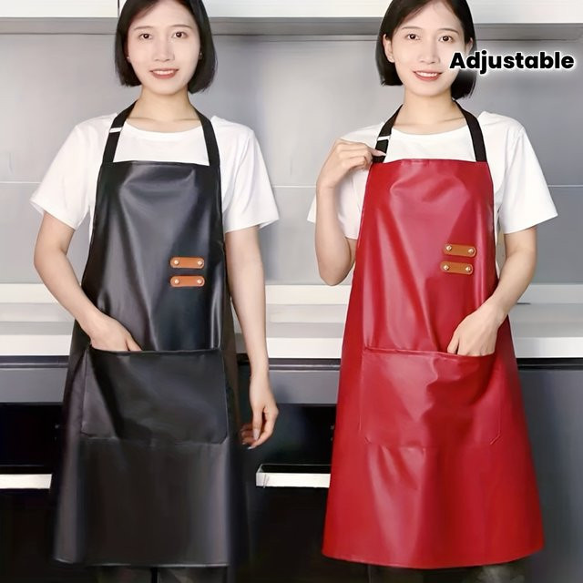 Untior Schürze aus PU-Material in Schwarz oder Braun, wasserdicht und ölfest mit verstellbarem Nackenband und Taschen für Küche, Tierpflege oder Friseursalon - Bild 1