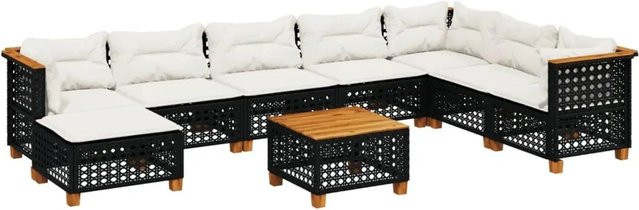 vidaXL 9-tlg. Garten-Sofagarnitur in L-Form aus Poly-Rattan und Akazienholz mit Kissen, Schwarz - Bild 1