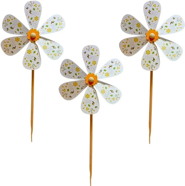 3er Set Windrad mit Bienenmotiv von Dekohelden24, Windmühle aus Holz in Multicolor, H x B x T: 75 x 31 x 31 cm - Bild 1