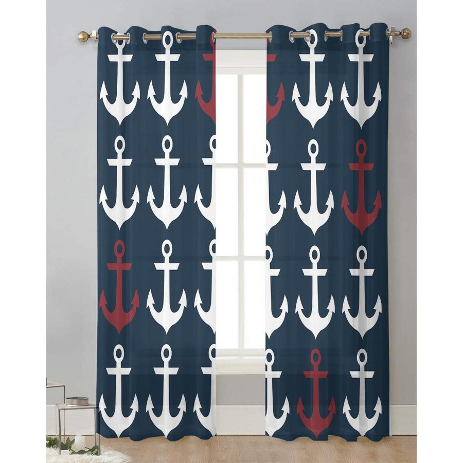 Transparente Vorhänge mit Nautischem Ozean Anker Motiv in Dunkelblau aus Tüll, Voile und Organza, Breite: 135 cm, Höhe: 115 cm - Bild 2