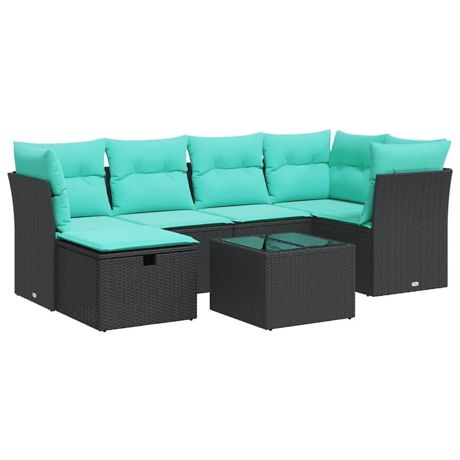 vidaXL 7-teilige Garten-Sofagarnitur aus Polyrattan mit Kissen in Schwarz und Blau - Bild 2