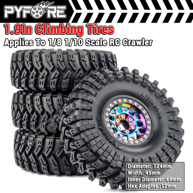 PYFORE Kletterreifen Metallradnabe, 1,9 Zoll, 124 x 45 mm, Sechskantadapter 12 mm, für 1/10 RC Modellauto Crawler Zubehör - Bild 1