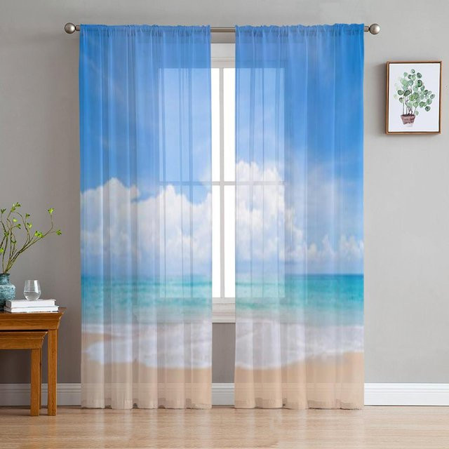 Transparente Tüllvorhänge von Super Six mit Tropischem Strand Motiv in Grau, Breite: 135 cm, Höhe: 114 cm - Bild 1