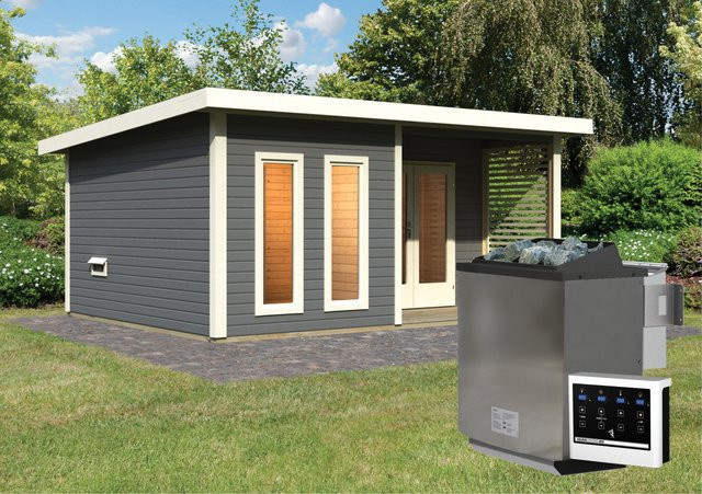 Saunahaus MAINBURG 5 mit Vorraum in Terragrau inklusive 9.0 kW BioKombiofen, Steuergerät und Set B mit 3 Liegen, B/T/H: 509 x 369 x 225 cm - Bild 1