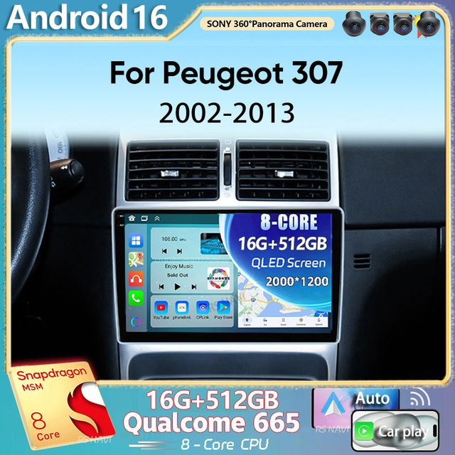 RSNAVI Android 16 Autoradio für Peugeot 307 307CC 307SW (2002-2013) mit 2K QLED Display, GPS, CarPlay und Multimedia-Videoplayer, Schwarz - Bild 1