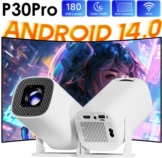 Topsion P30PRO Smart Mini Projektor mit Android 14, WiFi 6 und Bluetooth 5.0, 4K Unterstützung, 1280 x 720P Auflösung, Weiß - Bild 1
