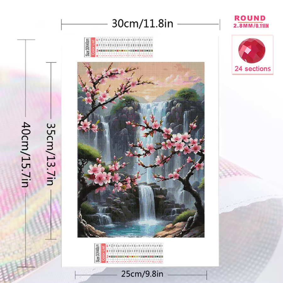 Momoart Diamantmalerei Wasserfall-Landschaft mit Kirschblüten als Mosaik-Strass-Bild in Mehrfarbig, B/H: 30 x 20 cm - Bild 2
