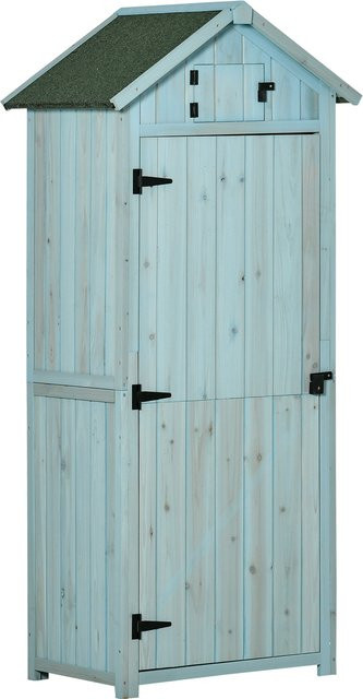 Outsunny Gartenschrank Gerätehaus aus Holz mit Fachböden und Fenstern, Farbe: Hellblau und Grün, B/T/H: 77 x 54,2 x 179 cm - Bild 1