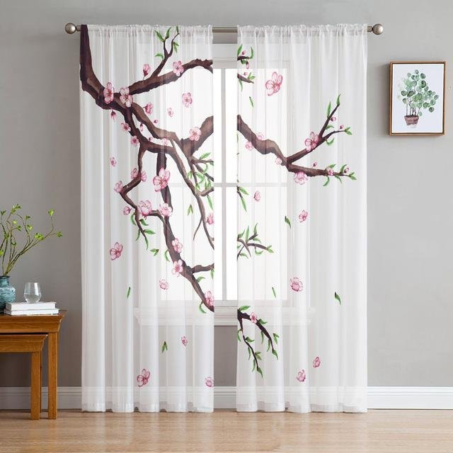 A Family Of Home Textiles Kirschblüten Tüll Gardine mit floralem Design, Weiß, Breite: 135 cm, Höhe: 114 cm - Bild 1
