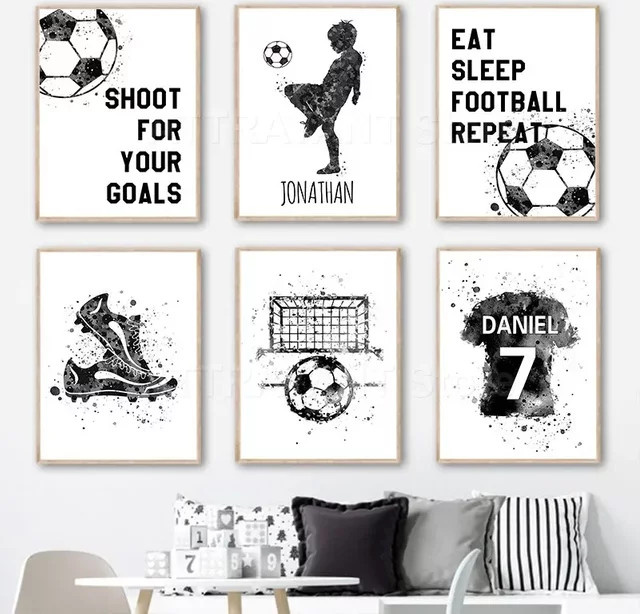 Potdemiel Wandkunst Leinwand mit Aquarell Fußball Motiv für Kinder Schlafzimmer Dekoration in Schwarz und Weiß - Bild 1