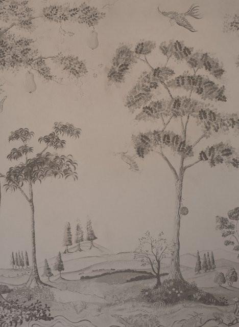 Andrew Martin Mural Mythical Land Tapete in Peat mit Nordamerikanischer Folk Art Motiven aus Vlies - Bild 1