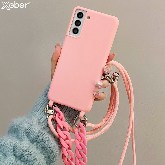 Xeber Crossbody Lanyard Silikon Soft Case mit Acryl Halskette für Samsung Galaxy S24 Ultra S23 Plus S22 S21 in Rot und Pink - Bild 1