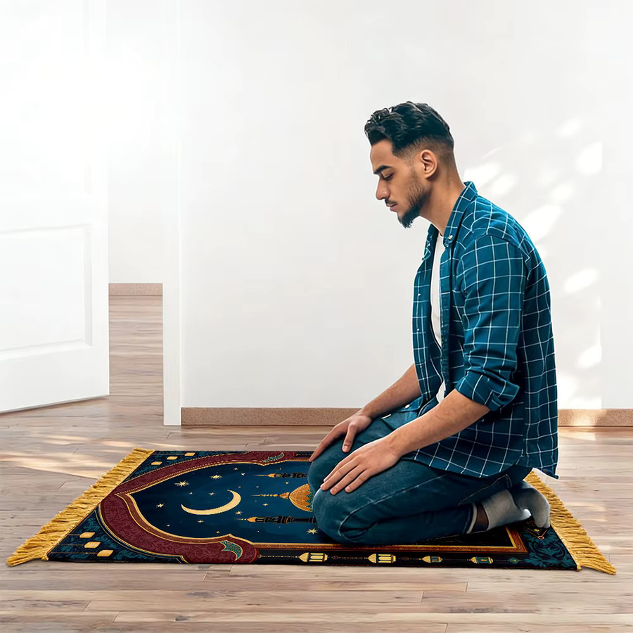VIKAMA Gebetsteppich mit Cartoon Luxus Moschee Nacht Design, faltbare und waschbare Reise-Muslimmatte im orientalischen Stil - Bild 2