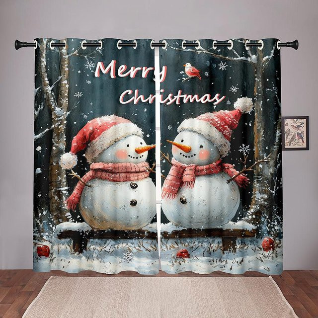 Weihnachts-Schneemann-Vorhänge im Winterwunderland-Design mit 3D-Digitaldruck, 2er-Set, mehrfarbig, Breite: 50 cm, Höhe: 60 cm - Bild 1
