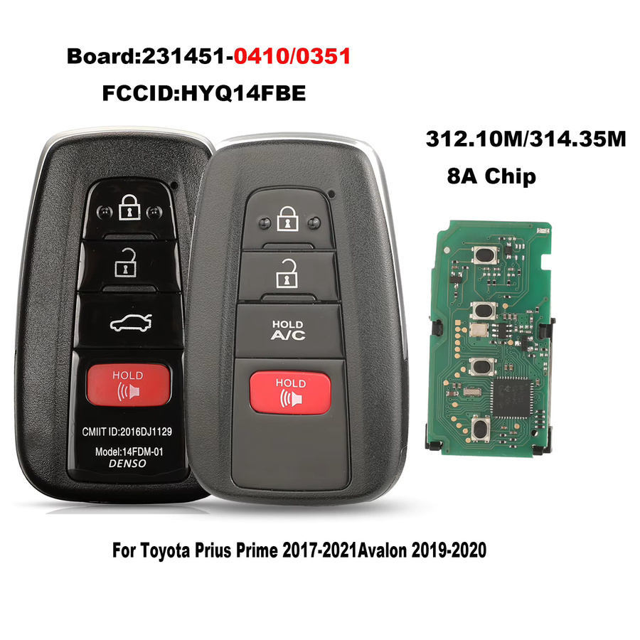 jingyuqin Fernbedienung für Autoschlüssel Toyota Prius Prime 2017–2021 und Avalon, 312/314 MHz, 8A-Chipplatine, Schwarz, 231451-0410/0351 HYQ14FBE - Bild 4