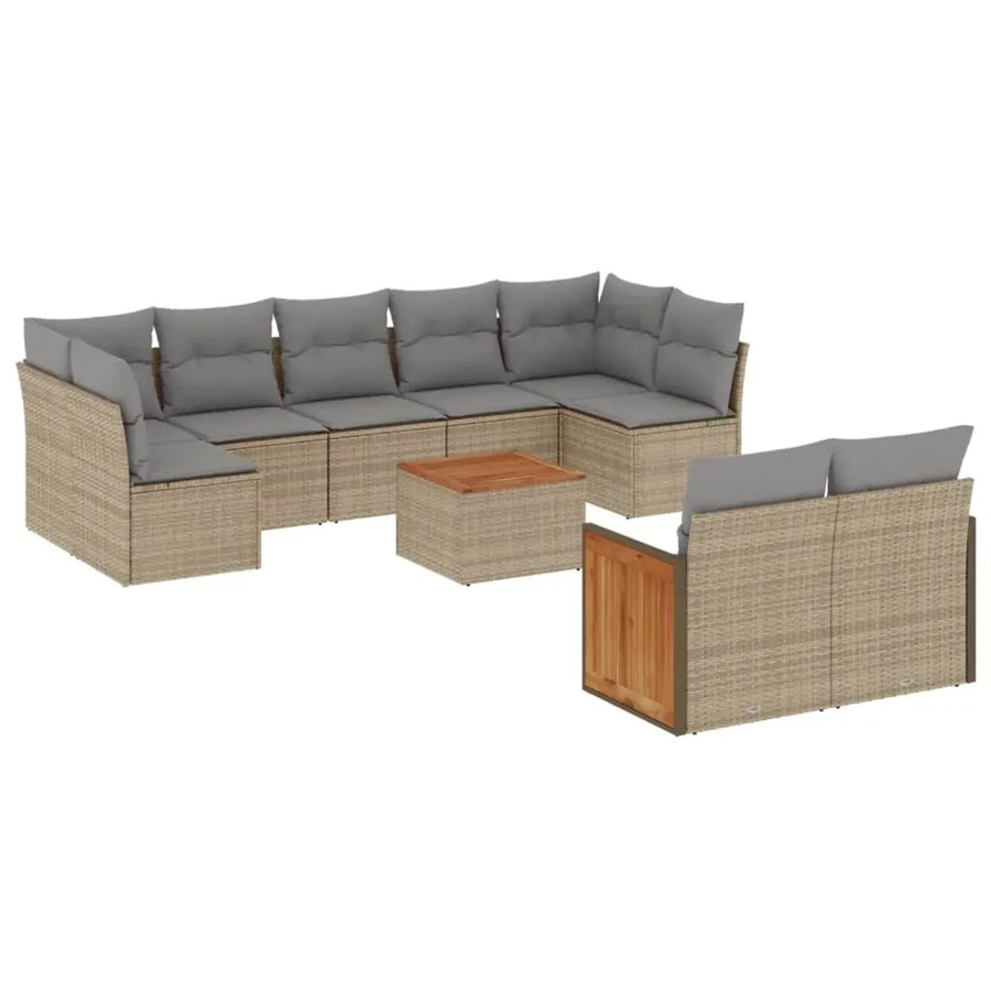 vidaXL 10-tlg. Garten-Sofagarnitur in L-Form aus Polyrattan und Akazienholz mit beigen Kissen in Beige - Bild 2