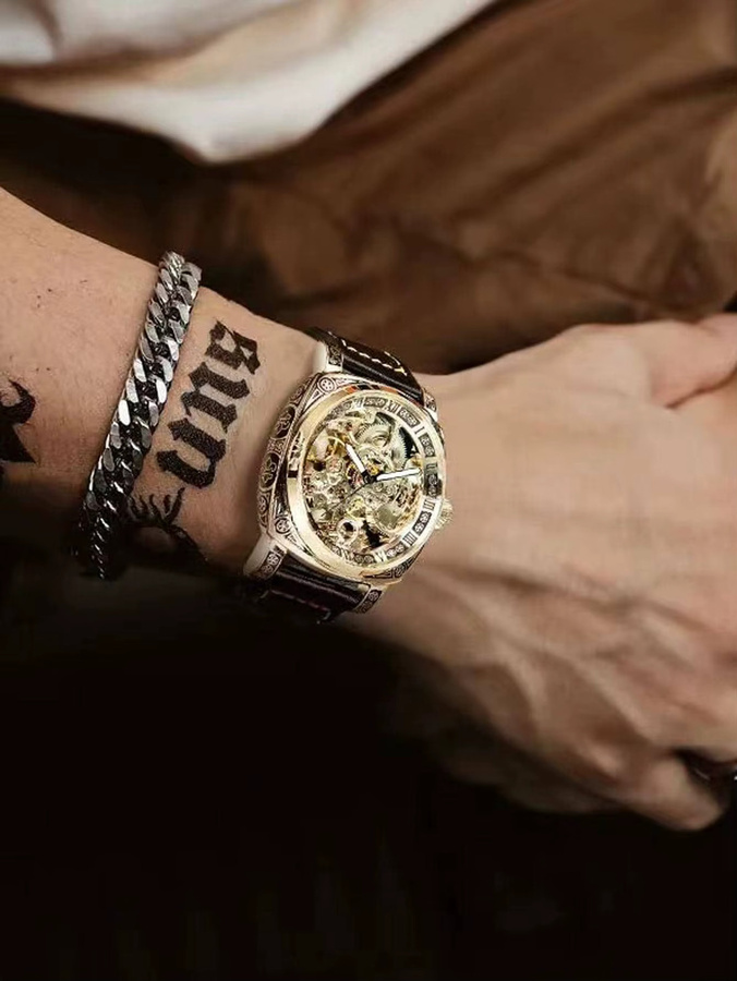 KIMSDUN Armbanduhr Automatik, Gold, Bicolor, Leder, Herren - Bild 5
