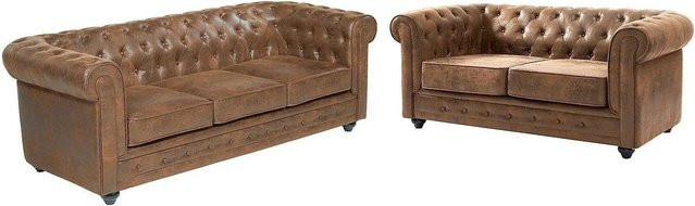 Vente-unique Chesterfield Couchgarnitur aus Microfaser in Braun, B/T/H: 206 x 165 cm - Bild 1