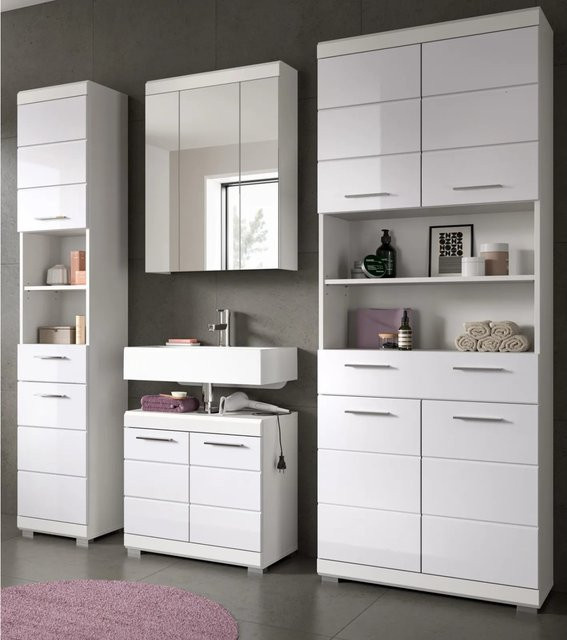 Inn.Furn Badmöbel Set Shawn 4-teilig in Weiß Hochglanz mit Waschtisch, Spiegelschrank und Hochschrank, Breite: 201 cm - Bild 1