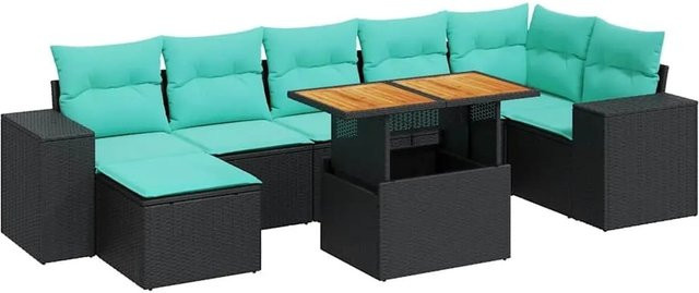 vidaXL 8 Tlg Garten-Sofagarnitur in L-Form aus schwarzem Poly-Rattan mit Kissen und pulverbeschichtetem Stahlgestell - Bild 1