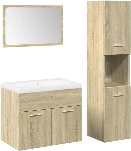 vidaXL 4-tlg. Badmöbel-Set Sonoma-Eiche aus Holzwerkstoff mit Keramik-Waschbecken und Spiegel - Bild 1