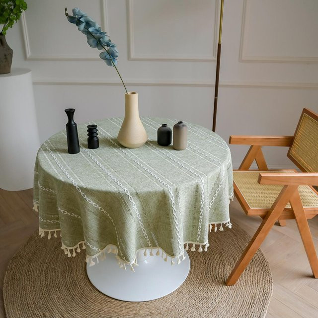 Runde Tischdecke Treasure T-shirts in Grün, Kariertes Boho-Design aus Leinen-Polyester-Mischung mit Quasten, Durchmesser: 200 cm - Bild 1
