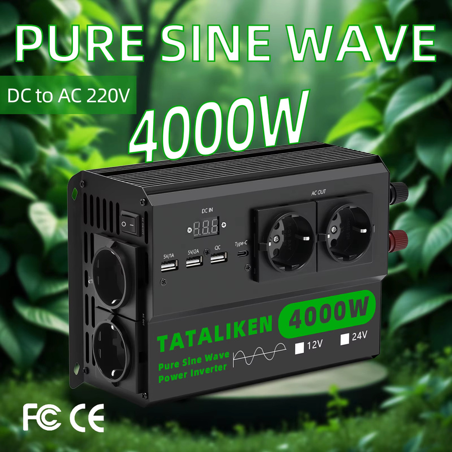 TATALIKEN Pro Series Sinuswellen-Wechselrichter 12V/24V auf 220V 50Hz mit 4 EU-Steckdosen, USB-C und Display, Schwarz - Bild 4