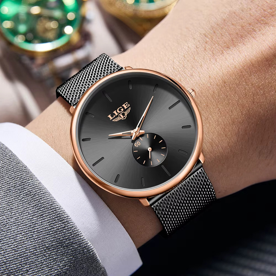 LIGE Armbanduhr Quarz, Edelstahl, Milanaise, Schwarz, Herren - Bild 5