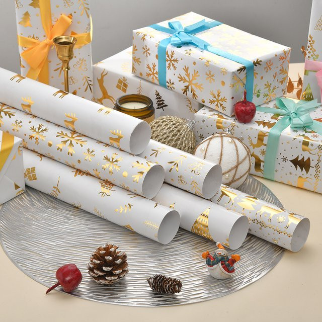 6 Designs Weihnachts-Geschenkpapier aus Kraftpapier mit Schneeflocken- und Rentier-Motiven, Weißgold, B: 50 cm, H: 70 cm - Bild 1