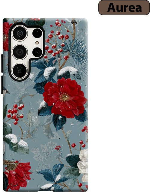 Stoßfeste Doppelschicht Handyhülle mit winterlichem Schnee-Blumen- und Vogel-Design für Samsung Galaxy S25 Ultra, S24 und S23 Ultra Plus, Multicolor - Bild 1
