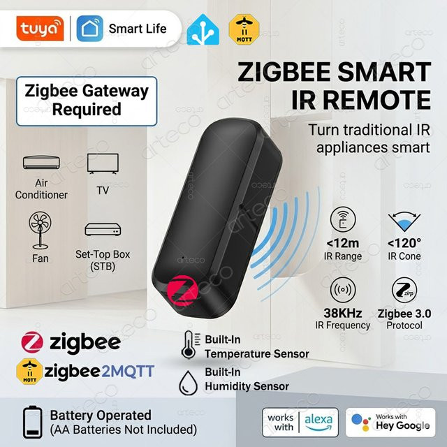 Tuya Zigbee Smart IR-Fernbedienung mit Temperatur- und Feuchtigkeitssensor in Schwarz, kompatibel mit Zigbee2MQTT und Tuya - Bild 1