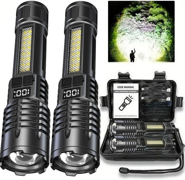 Wiederaufladbare LED-Taschenlampe in Schwarz mit Seitenlicht und Zoomfunktion, wasserdicht mit 5 Modi für Camping und Angeln - Bild 1
